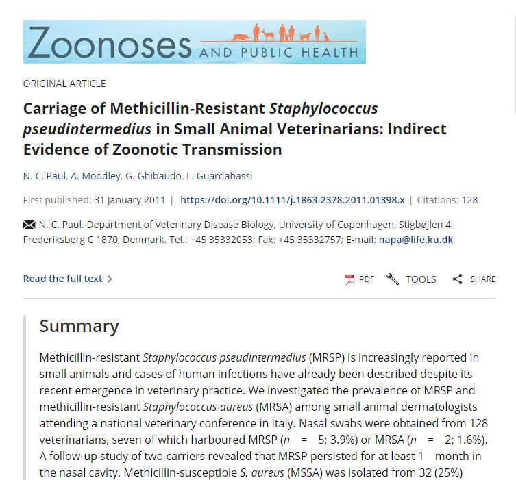 Carriage of Methicillin-Resistant Staphylococcus pseudintermedius in Small Animal Veterinarians: Indirect Evidence of Zoonotic Transmission